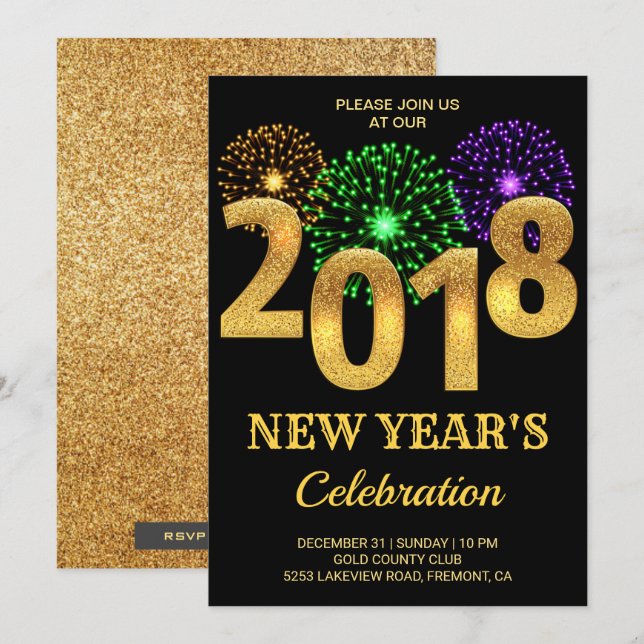 Elegantes Gold 2018 Feuerwerkskörper Silvester Par Einladung (Vorne/Hinten)