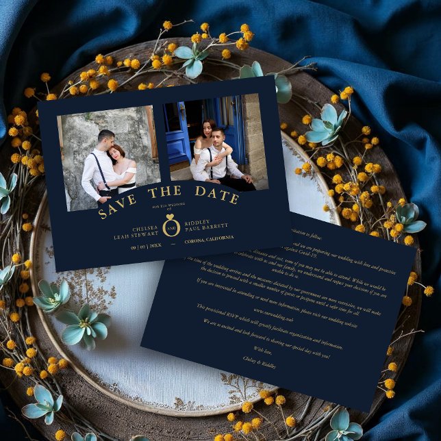 Elegantes Gold 2 Fotos Hochzeit (Navy Elegant Gold 2 Photos Sophisticated Wedding Save the Date Cards.)