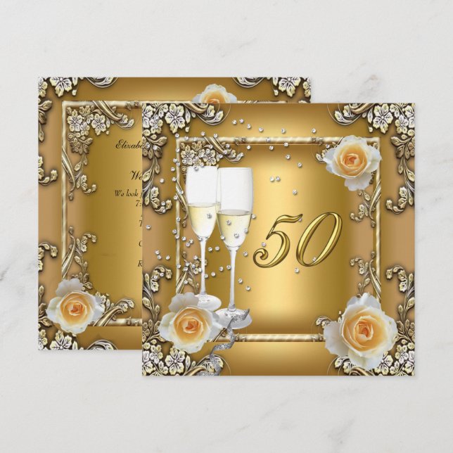 Elegantes Gold 50. Hochzeitliches Jubiläum Party Einladung (Vorne/Hinten)