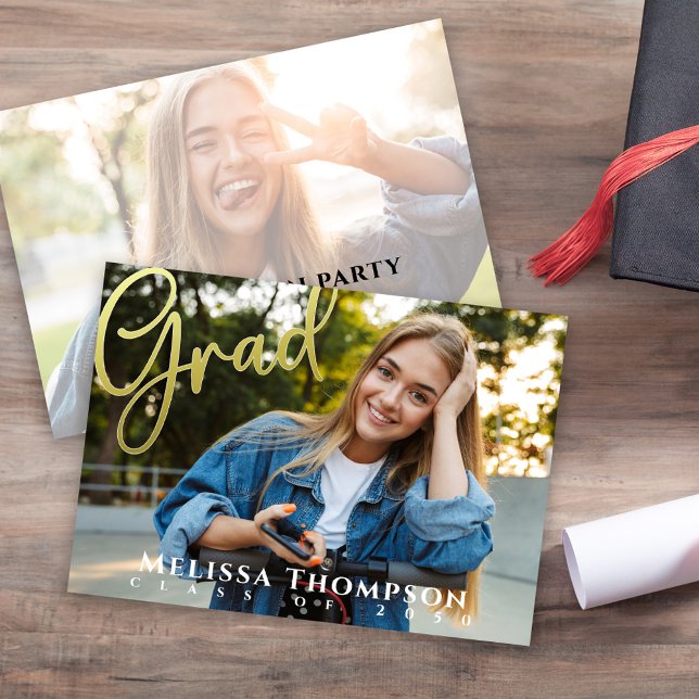 Elegantes Gold Abschluss Foto Einladung (Graduation photo invitation template with gold calligraphy script. )