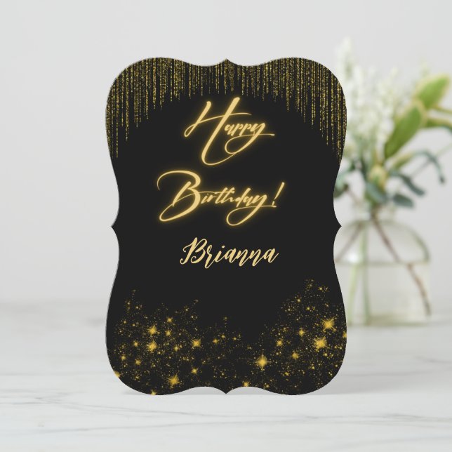 Elegantes Gold am Schwarzen Geburtstag Einladung (Stehend Vorderseite)