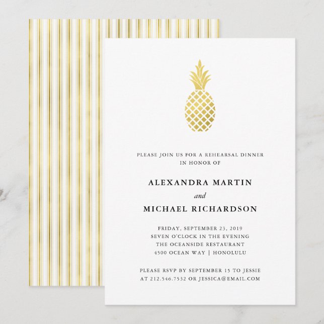 Elegantes Gold Ananas Probe Dinner Einladung (Vorne/Hinten)