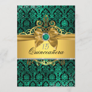 Elegantes Gold Aquamarin Damask Quinceanera Einlad Einladung
