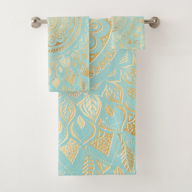 Elegantes Gold Aquamarines Mandala Badhandtuch Set (Insitu)