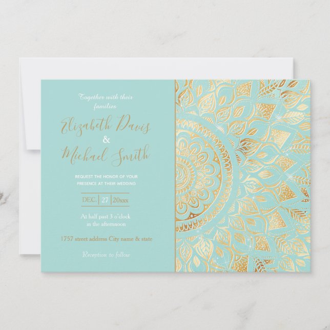 Elegantes Gold Aquamarines Mandala Einladung (Vorderseite)