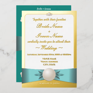 Elegantes Gold & Aquamarines Pearl Ribbon Foto Hoc Folieneinladung