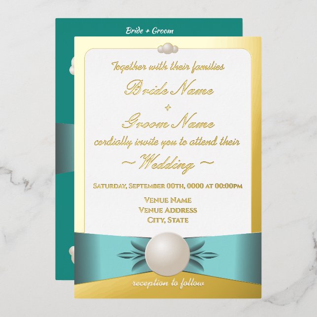 Elegantes Gold & Aquamarines Pearl Ribbon Foto Hoc Folieneinladung (Vorderseite/Rückseite)