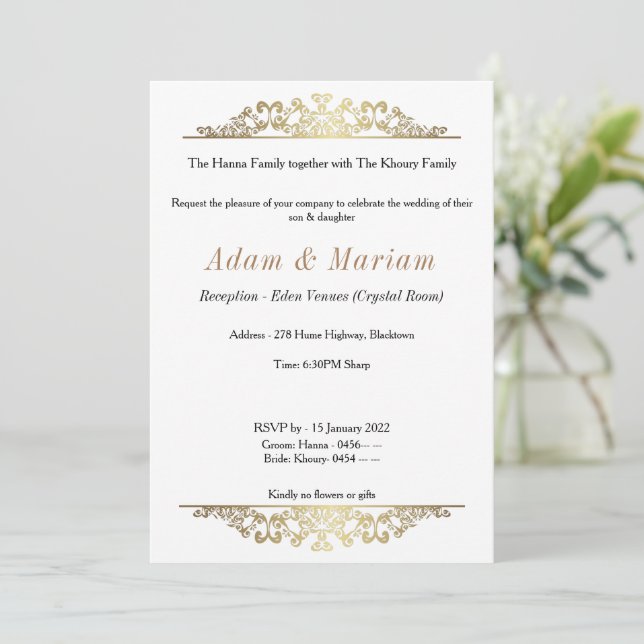 Elegantes Gold Arabian Design Hochzeit Einladung (Stehend Vorderseite)