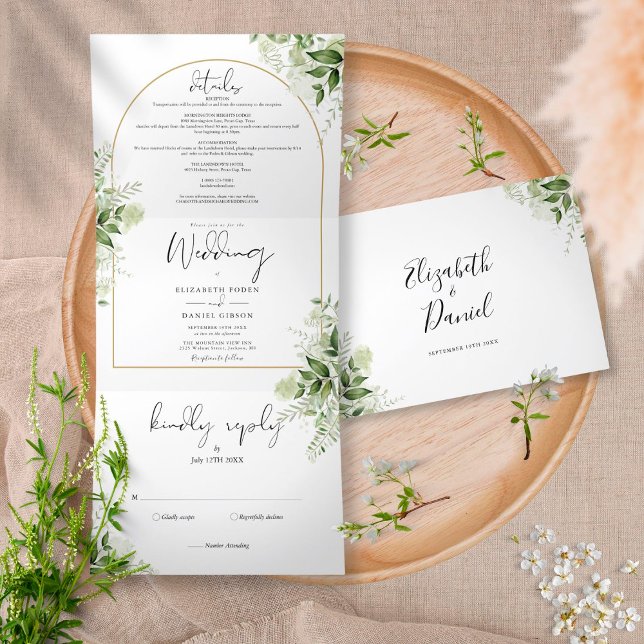 Elegantes Gold Arch Botanische Grüne Foto Hochzeit Dreifach Gefaltete Einladung (Von Creator hochgeladen)