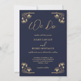 Elegantes Gold Art Deco auf blau Wir machen Hochze Einladung