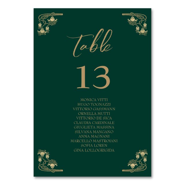 Elegantes Gold Art Deco Hochzeitskizze Tischnummer (Vorderseite)