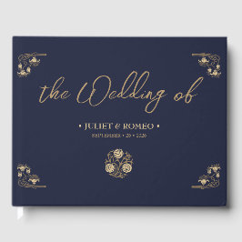 Elegantes Gold Art Deco & Kalligrafie Blau, Hochze Gästebuch