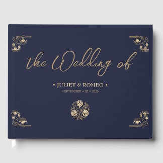 Elegantes Gold Art Deco & Kalligrafie Blau, Hochze Gästebuch