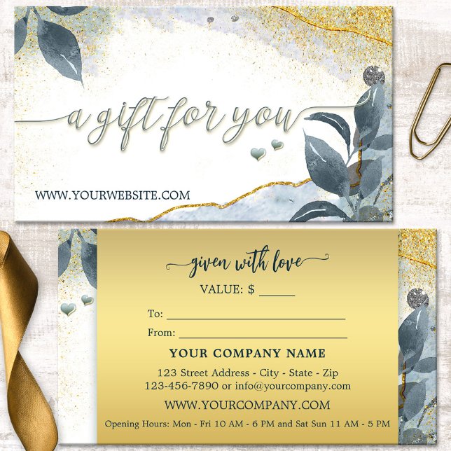 Elegantes Gold Artistic Blätter - Geschenk (Business card size gift certificate featuring an artistic design with leaves on gold sparkles)