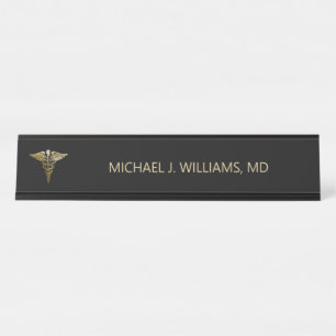 Elegantes Gold auf Black Caduceus Doctor Schreibtischnamensplakette