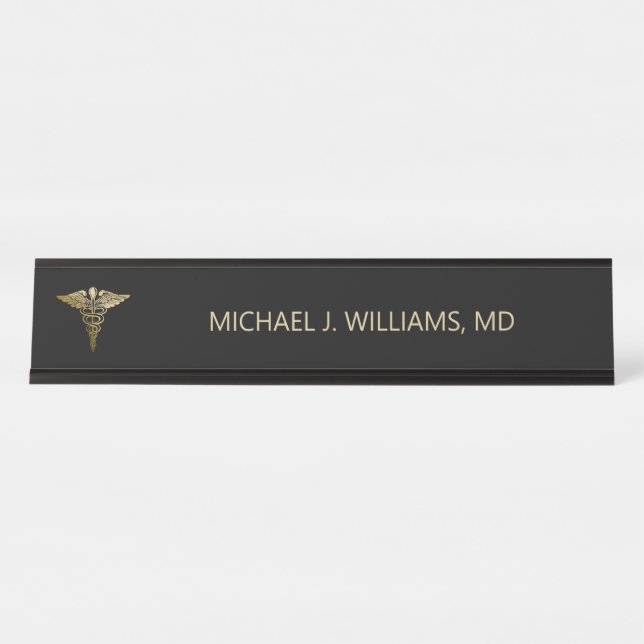 Elegantes Gold auf Black Caduceus Doctor Schreibtischnamensplakette (Vorderseite )