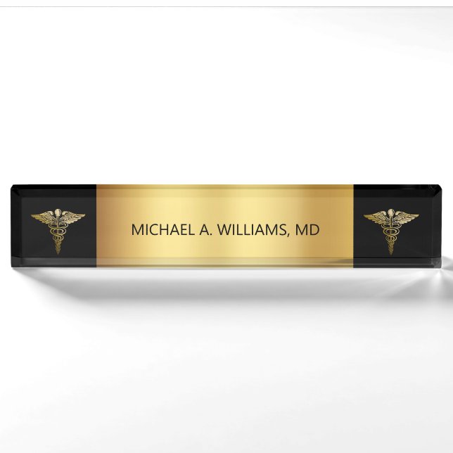 Elegantes Gold auf Black Caduceus Medical Doctor Namensplakette (Vorderseite)