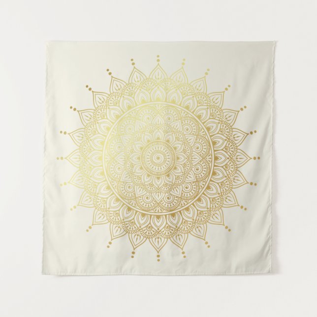 Elegantes Gold auf Cream Floral Henna Mandala Wandteppich (Vorderseite)
