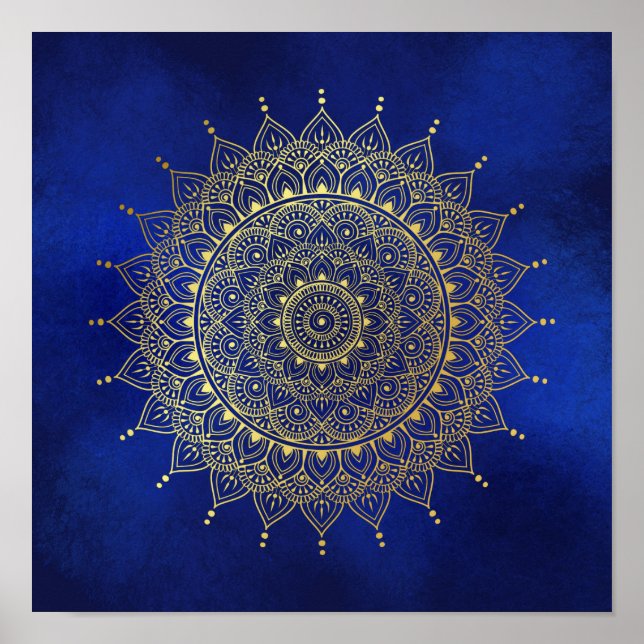 Elegantes Gold auf Deep Blue Floral Henna Mandala  Poster (Vorne)