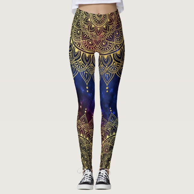 Elegantes Gold auf Dunkelnebel Flora Henna Mandala Leggings (Vorderseite)