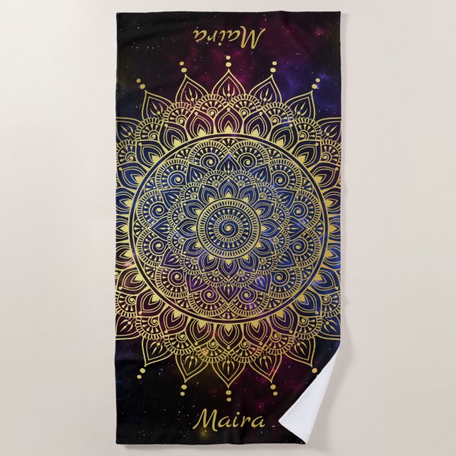 Elegantes Gold auf Dunkelnebel Flora Henna Mandala Strandtuch (Vorderseite)