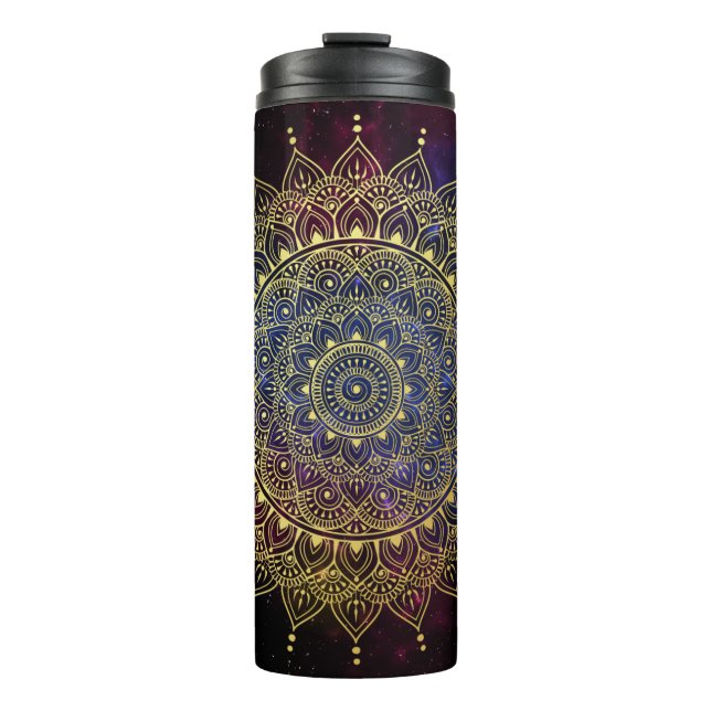 Elegantes Gold auf Dunkelnebel Flora Henna Mandala Thermosbecher (Vorderseite)