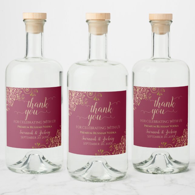 Elegantes Gold auf Maroon Burgundy Wedding Vielen  Alkoholflaschenetikett (Flaschen)