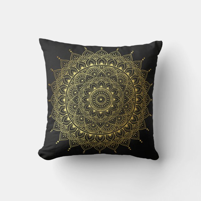 Elegantes Gold auf sanften schwarzen Flora Henna M Kissen (Vorderseite)