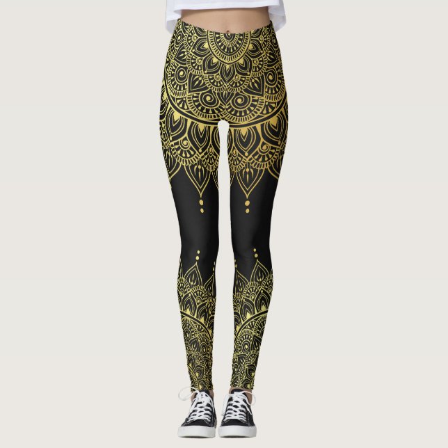 Elegantes Gold auf sanften schwarzen Flora Henna M Leggings (Vorderseite)