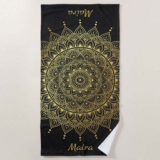 Elegantes Gold auf sanften schwarzen Flora Henna M Strandtuch (Vorderseite)