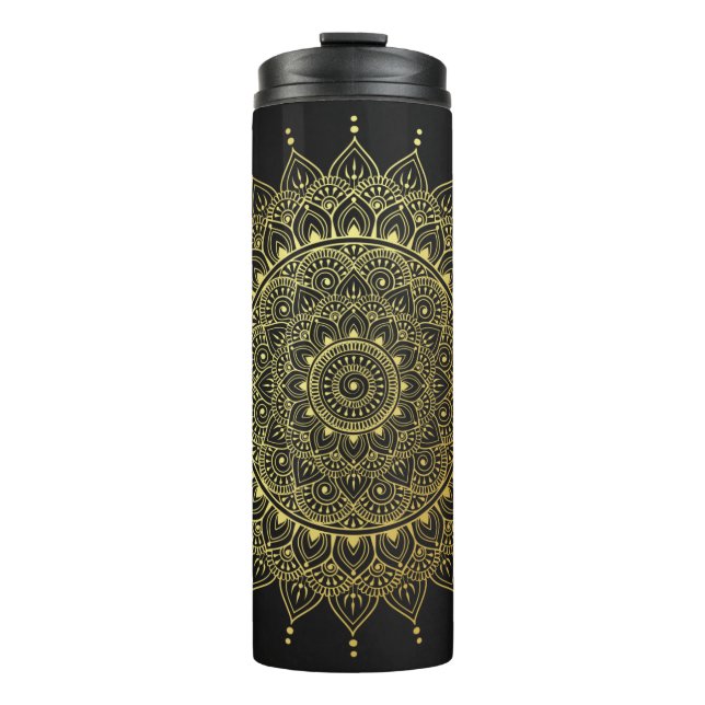 Elegantes Gold auf sanften schwarzen Flora Henna M Thermosbecher (Vorderseite)