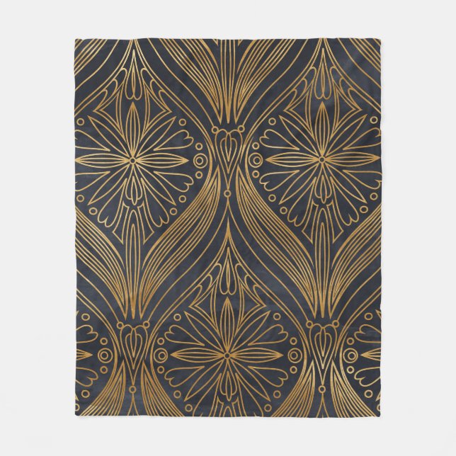 Elegantes Gold auf schwarzem Damast-Muster Fleecedecke (Vorderseite)
