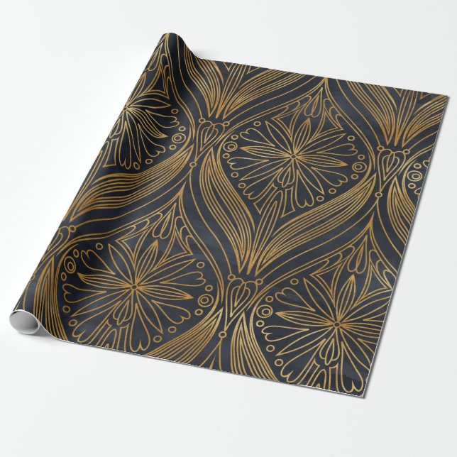 Elegantes Gold auf schwarzem Damast-Muster Geschenkpapier (Ungerollt)