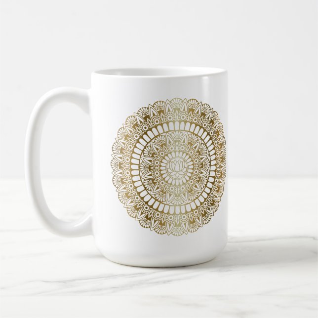 Elegantes Gold auf White Lotus Henna Mandala Kaffeetasse (Links)