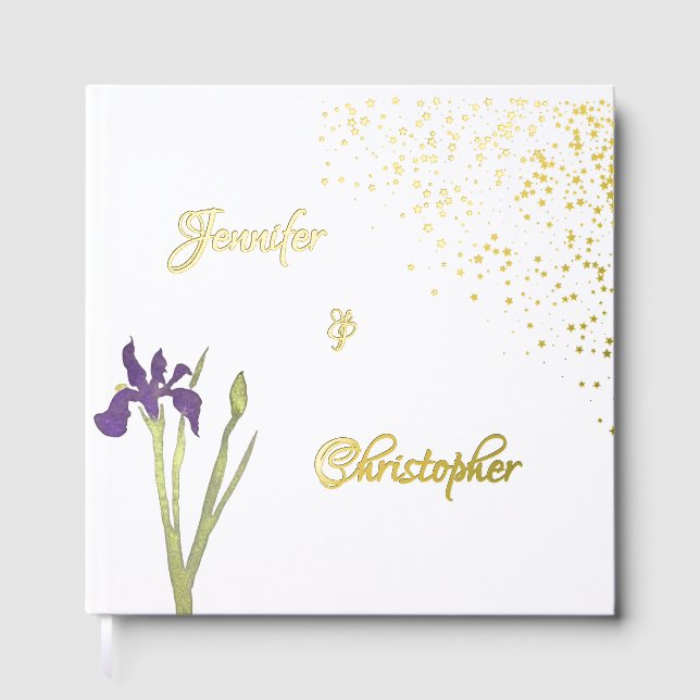 Elegantes Gold & Bale Lila Wasserfarben Iris Hochz Gästebuch (Vorderseite)