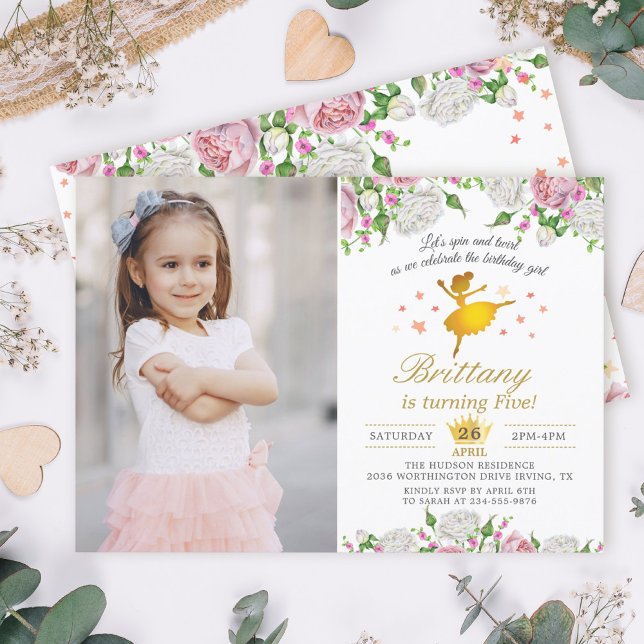 Elegantes Gold Ballerina Floral Girl Foto Geburtst Einladung (Von Creator hochgeladen)