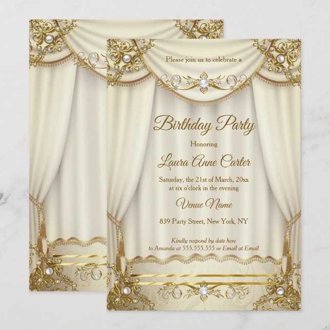 Elegantes Gold Beige Cream Pearl Drapes Party Einladung (Vorne/Hinten)