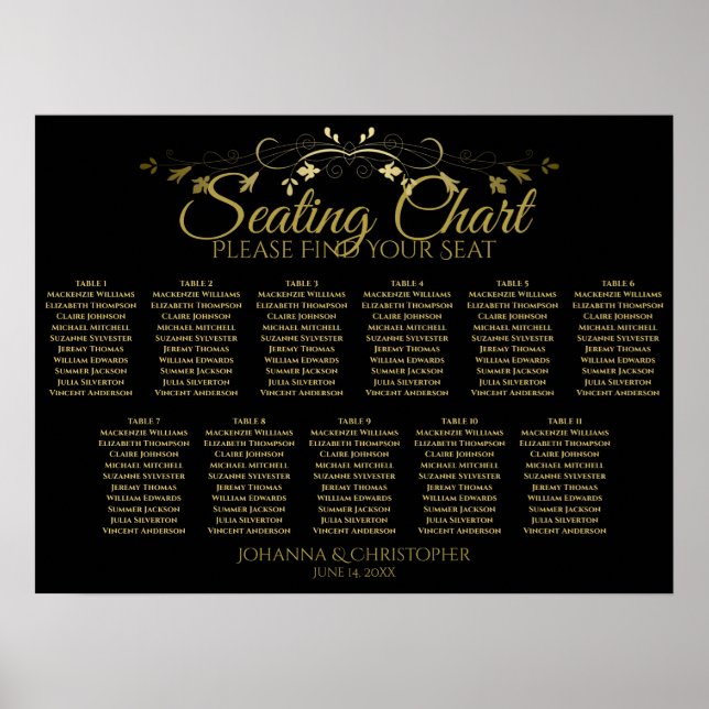 Elegantes Gold Black 11 Table Wedding Seating Char Poster (Vorne)