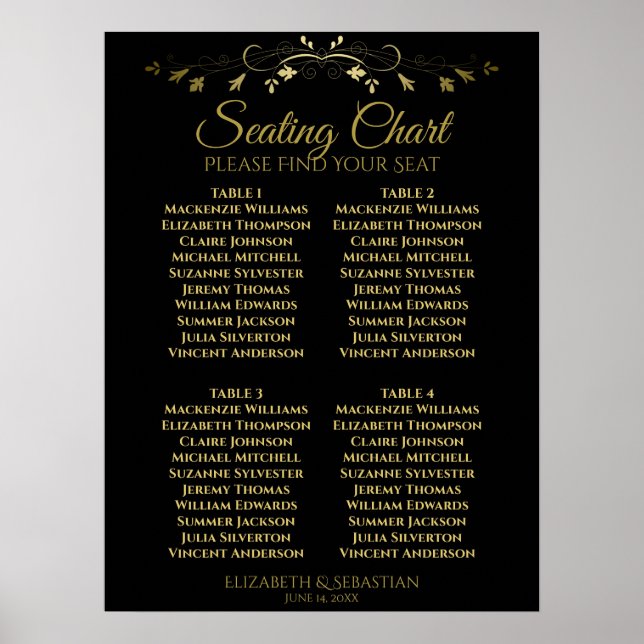 Elegantes Gold & Black 4 Table Seating Chart Poster (Vorne)