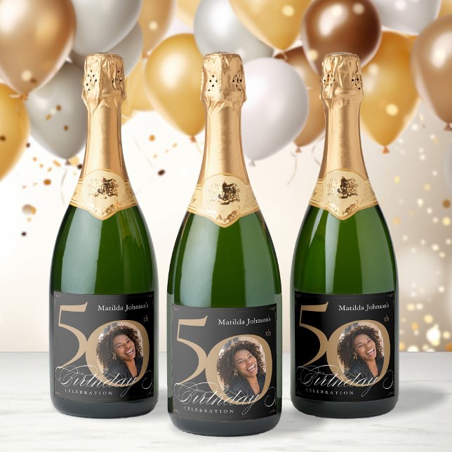 Elegantes Gold Black 50. Geburtstag Custom Foto (Elegant Gold Black 50th Birthday Custom Photo Sparkling Wine Label)