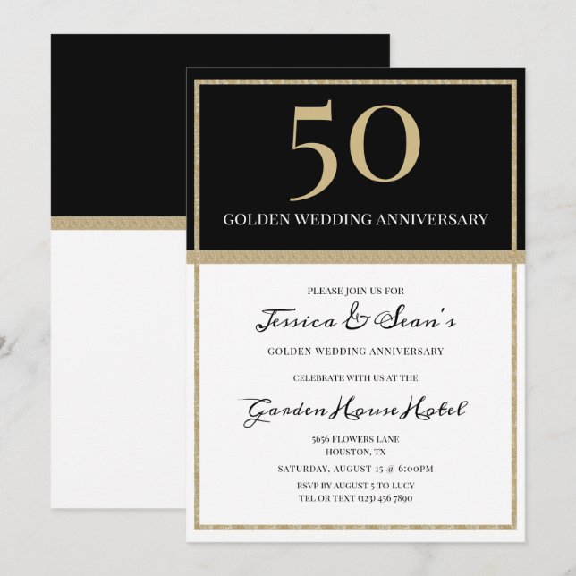Elegantes Gold & Black 50 Jahre Hochzeit Einladung (Vorne/Hinten)
