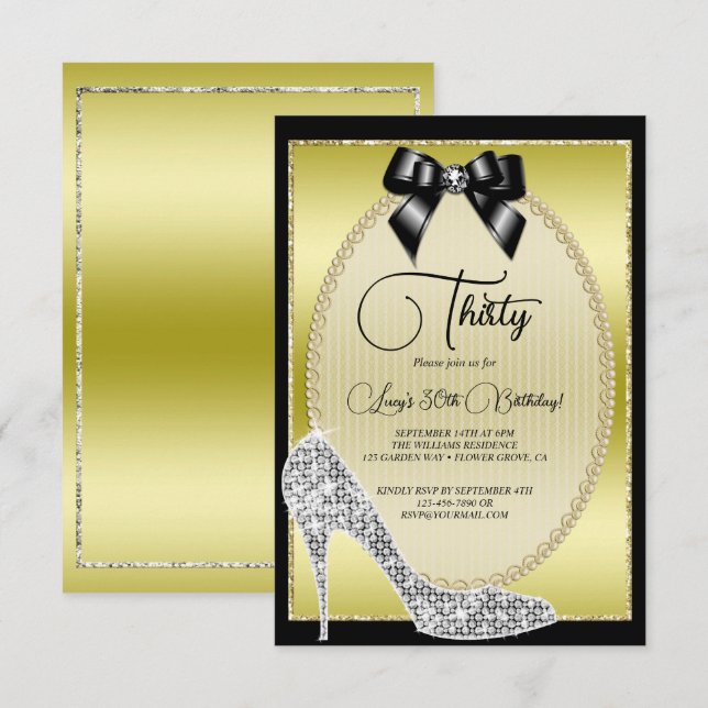 Elegantes Gold, Black Bow & Stiletto Geburtstag Einladung (Vorne/Hinten)