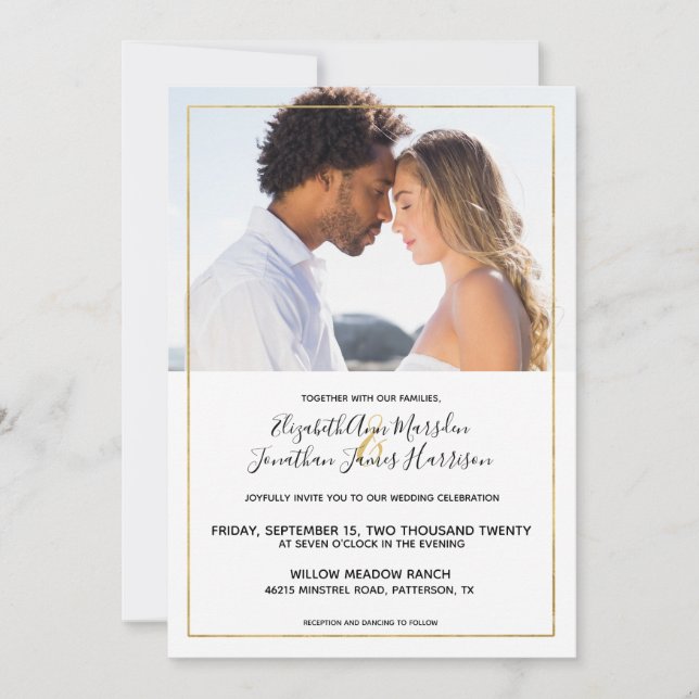 Elegantes Gold Black Calligraphy Foto Hochzeit Einladung (Vorderseite)