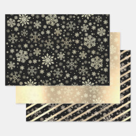 Elegantes Gold & Black Christmas Snowflake Muster Geschenkpapier Set