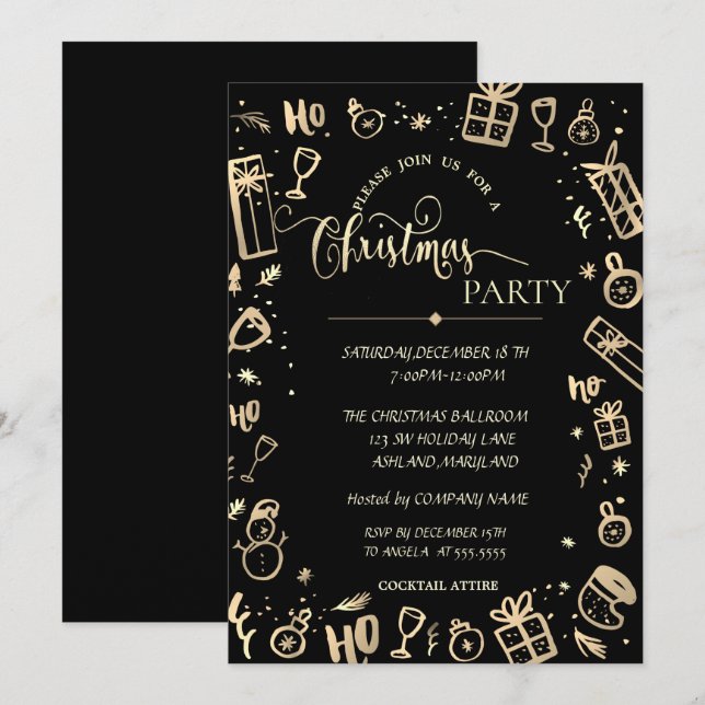 Elegantes Gold Black Company Weihnachts-Party Einladung (Vorne/Hinten)