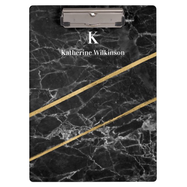 Elegantes Gold Black Marble Gold Monogramm Klemmbrett (Vorderseite)
