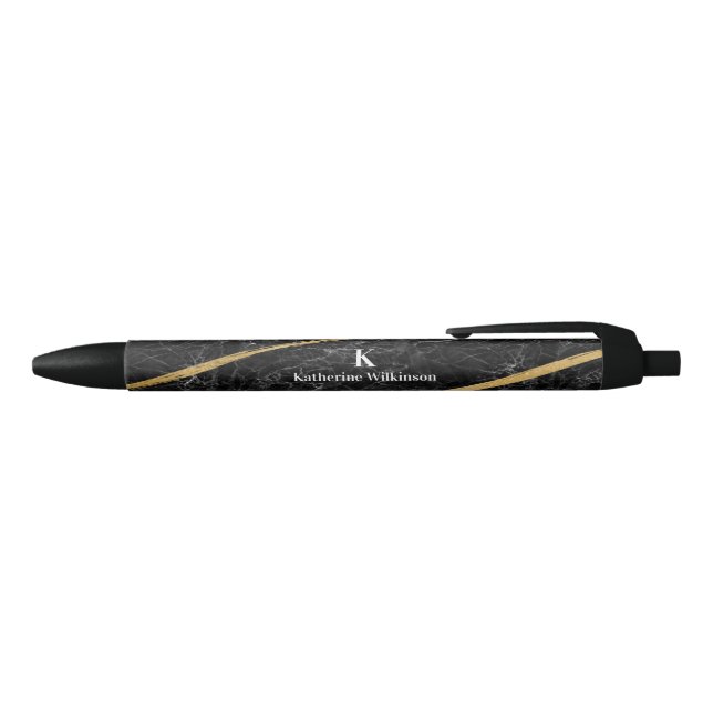 Elegantes Gold & Black Marble Gold Monogramm Kugelschreiber (Oberseite)