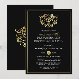 Elegantes Gold & Black Masquerade Party Einladung