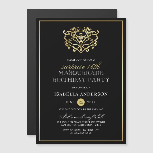 Elegantes Gold & Black Masquerade Party Magneteinladung (Vorne/Hinten)