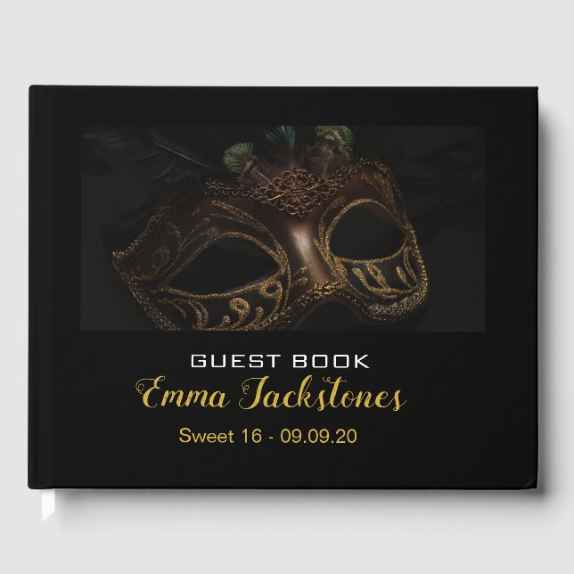 Elegantes Gold & Black Masquerade Sweet 16 Gästebuch (Vorderseite)